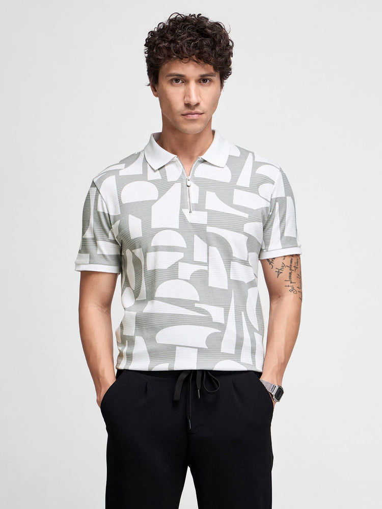 Geometric Print Zip Polo