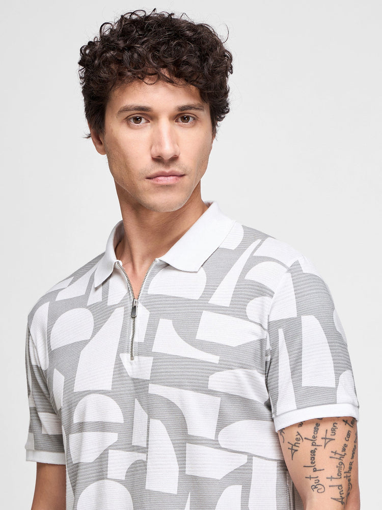 Geometric Print Zip Polo