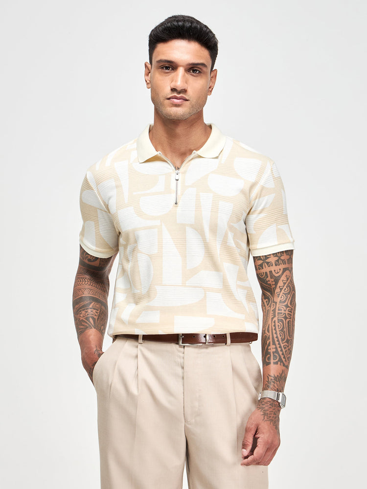 Geometric Print Zip Polo