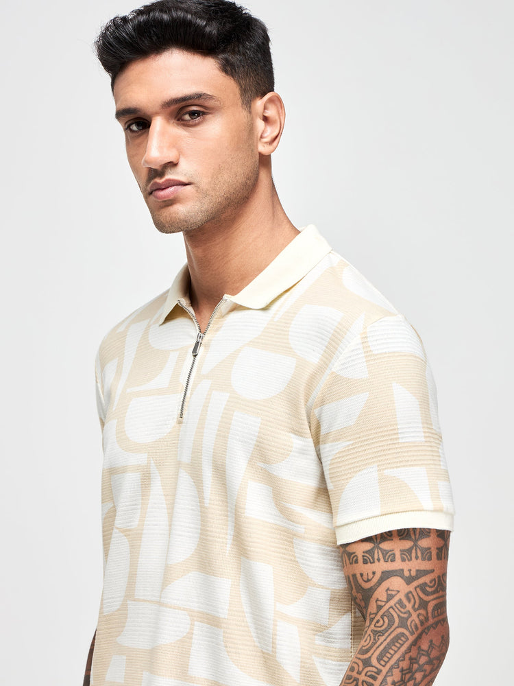 Geometric Print Zip Polo