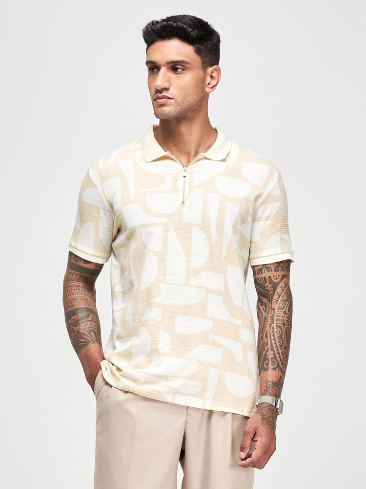 Geometric Print Zip Polo