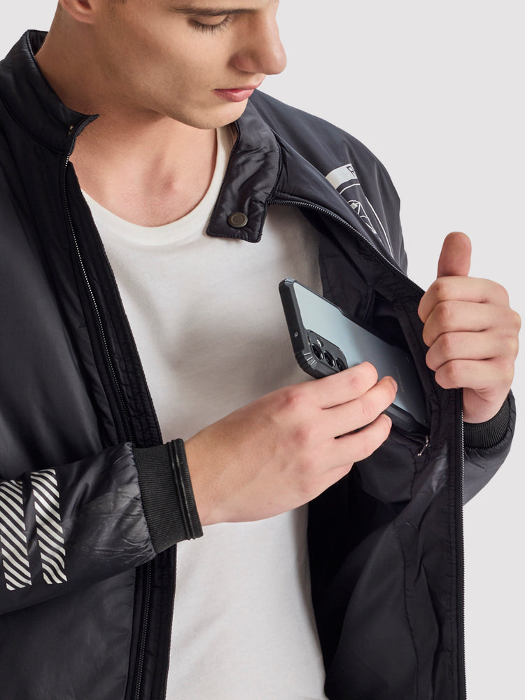 Black Chest Print Bomber Jacket