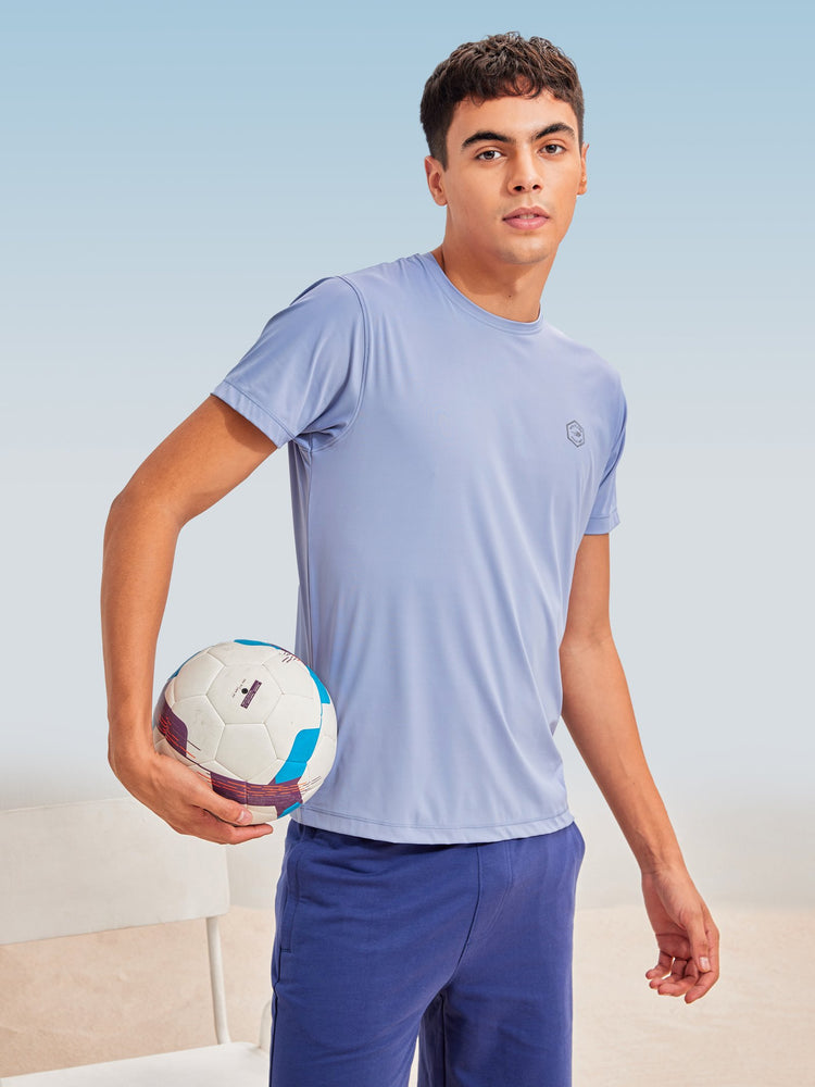 Blue Rayon Nylon Stretch Crew Neck T-Shirt