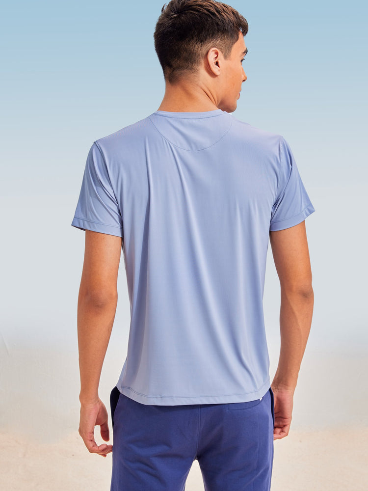 Blue Rayon Nylon Stretch Crew Neck T-Shirt