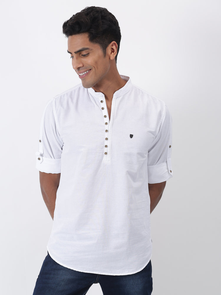 White Solid Long Sleeve Casual Kurta
