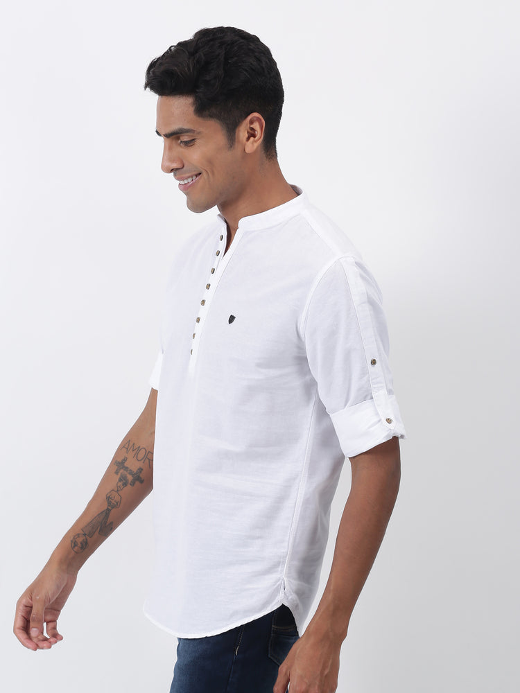 White Solid Long Sleeve Casual Kurta