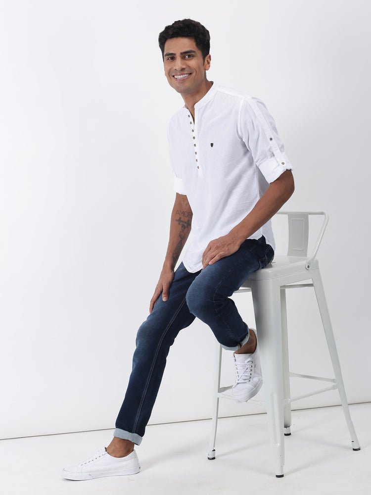 White Solid Long Sleeve Casual Kurta