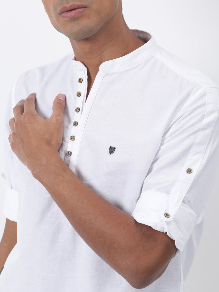 White Solid Long Sleeve Casual Kurta