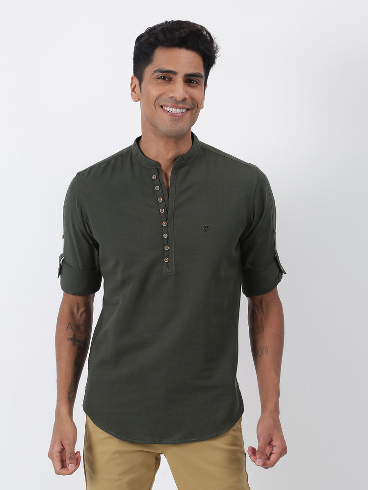 Olive Solid Long Sleeve Casual Kurta