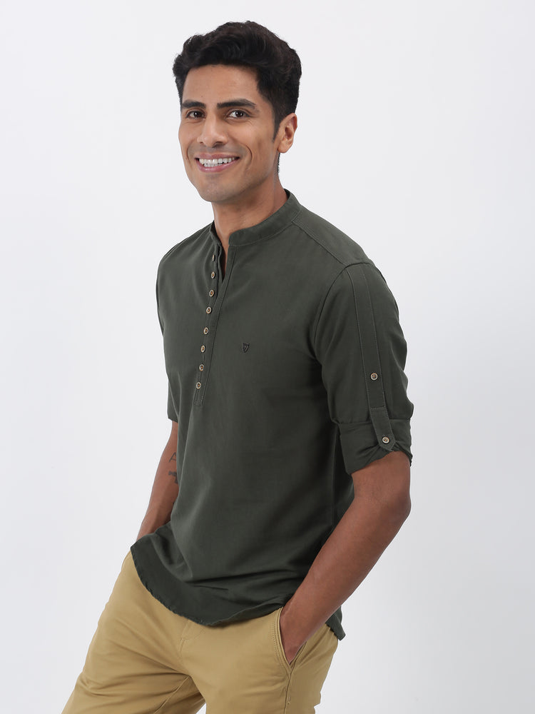 Olive Solid Long Sleeve Casual Kurta
