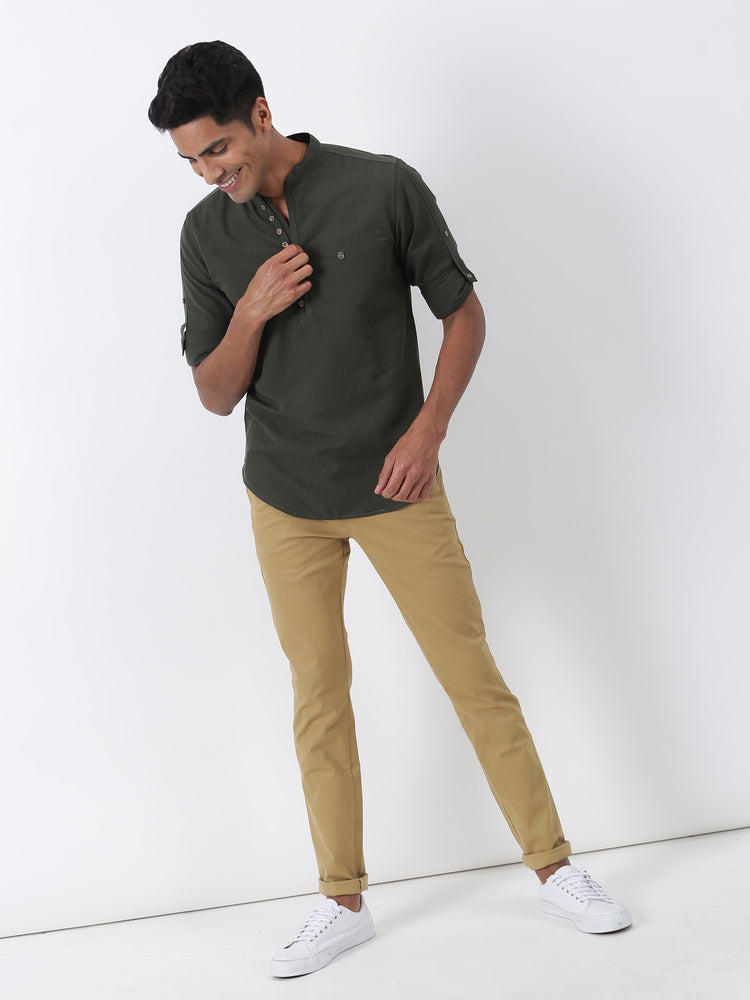 Olive Solid Long Sleeve Casual Kurta
