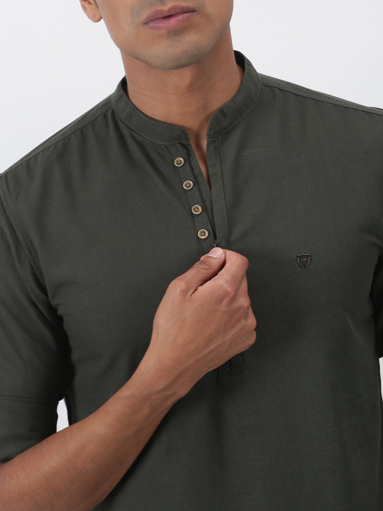 Olive Solid Long Sleeve Casual Kurta