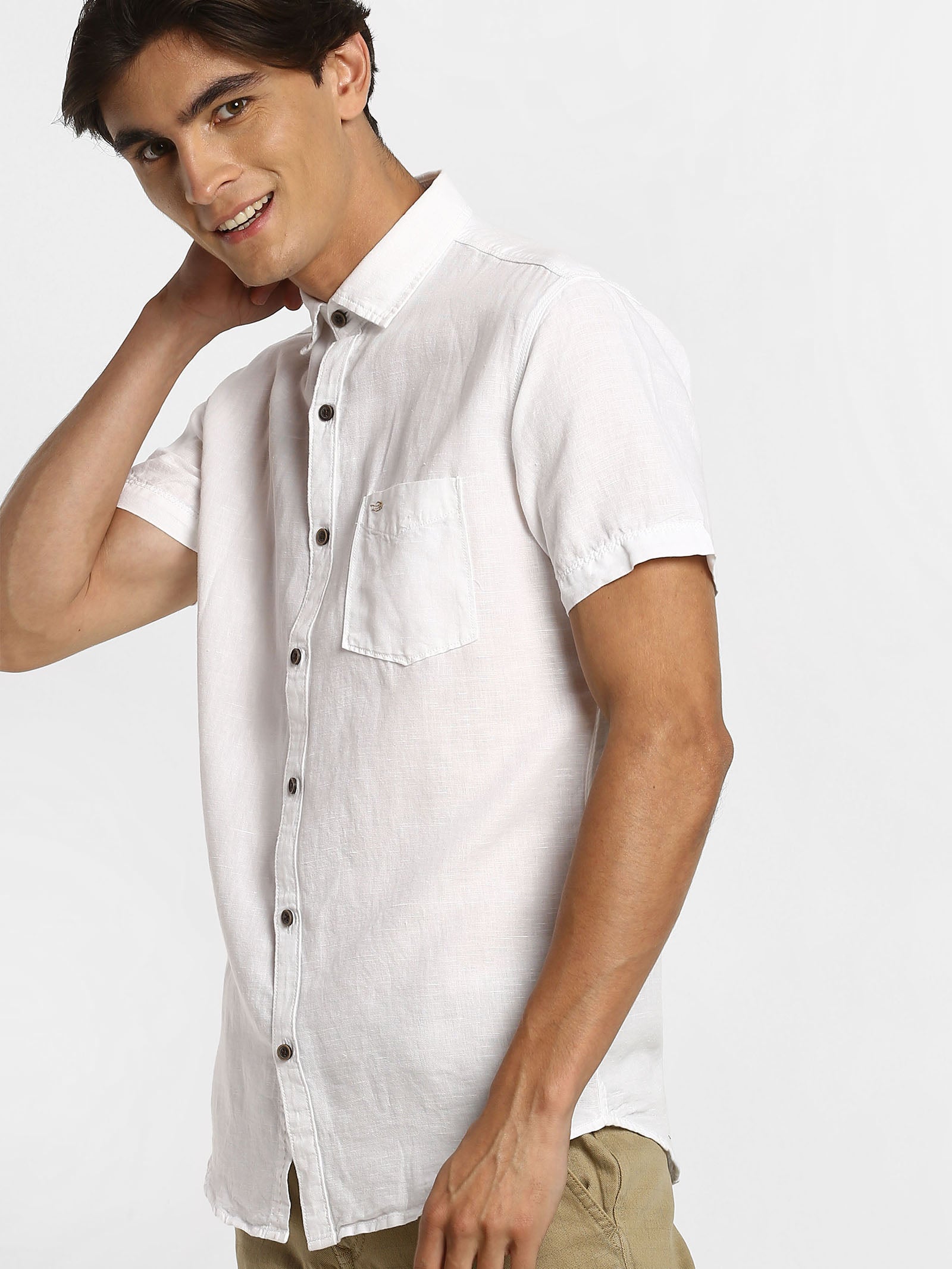 White Solid Linen Casual Shirt