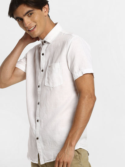 White Solid Linen Casual Shirt