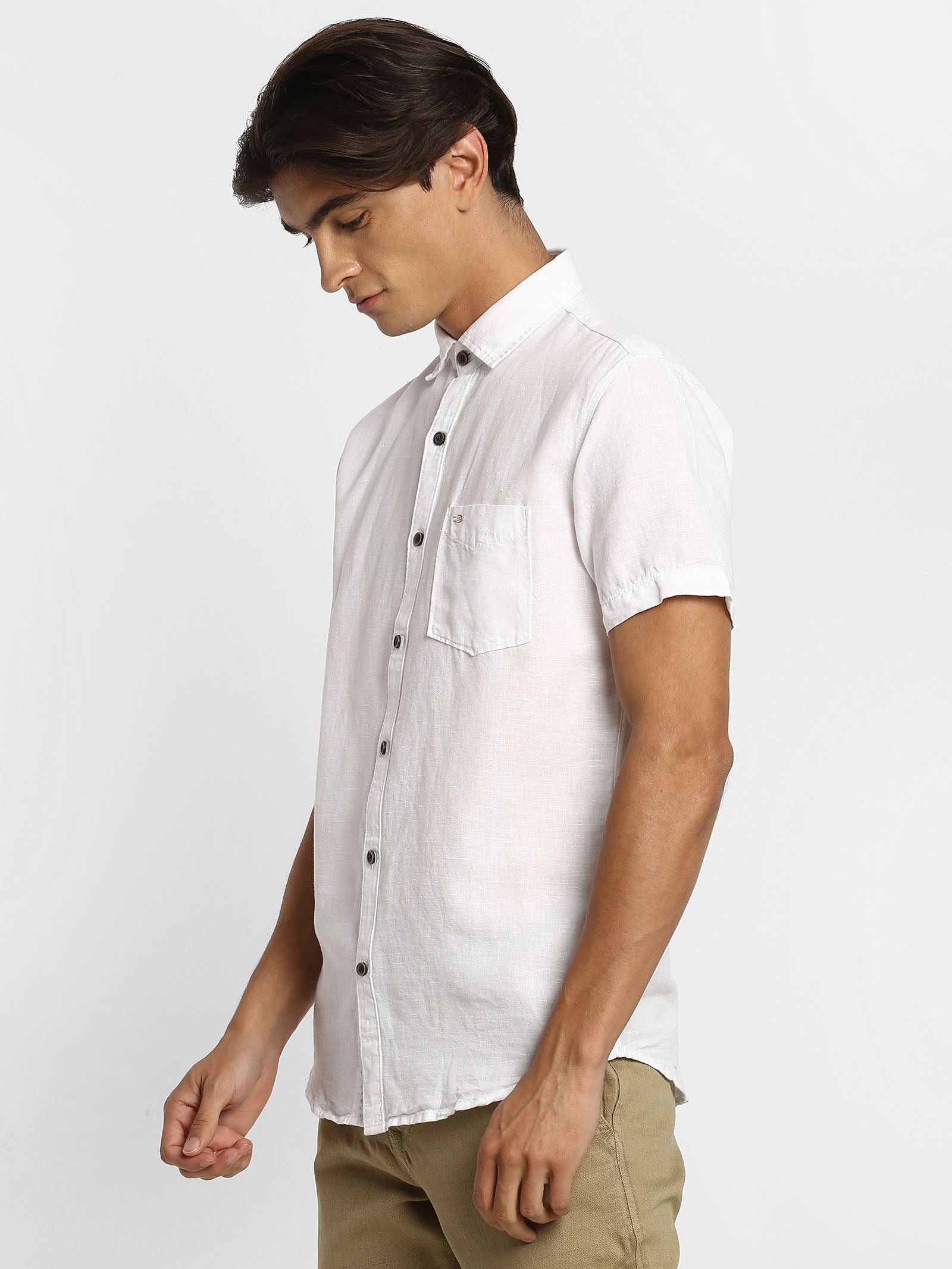 White Solid Linen Casual Shirt