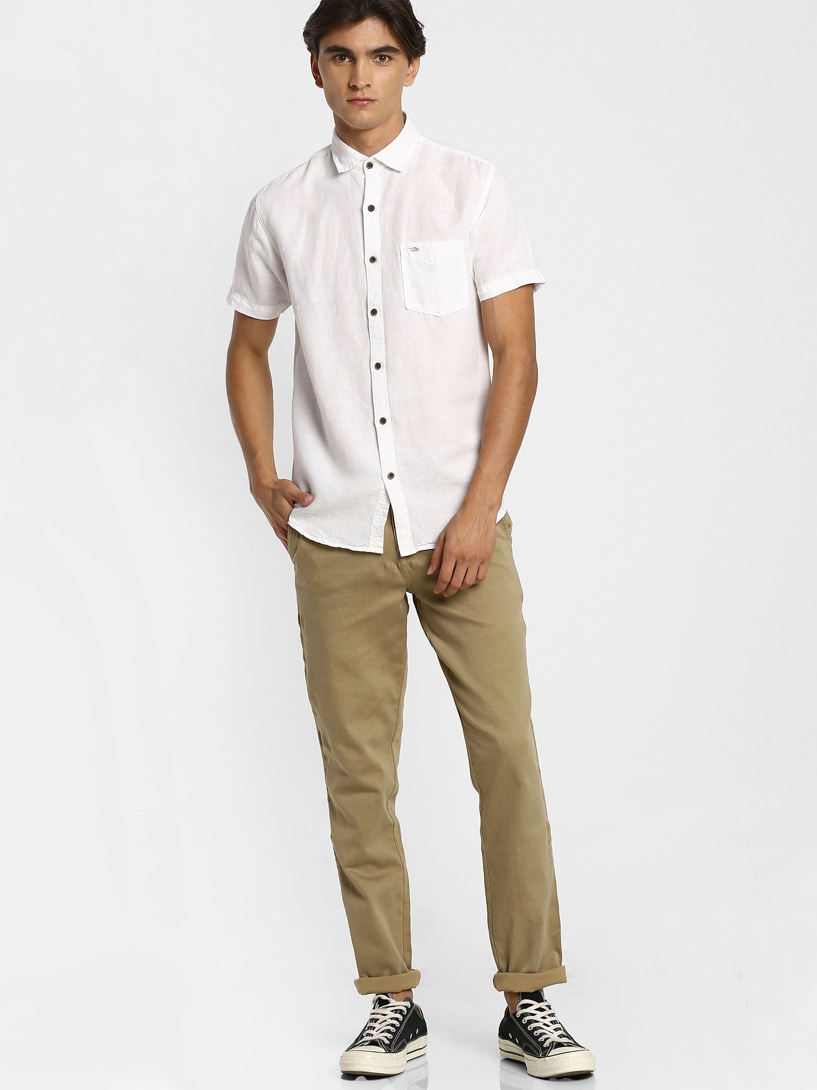 White Solid Linen Casual Shirt