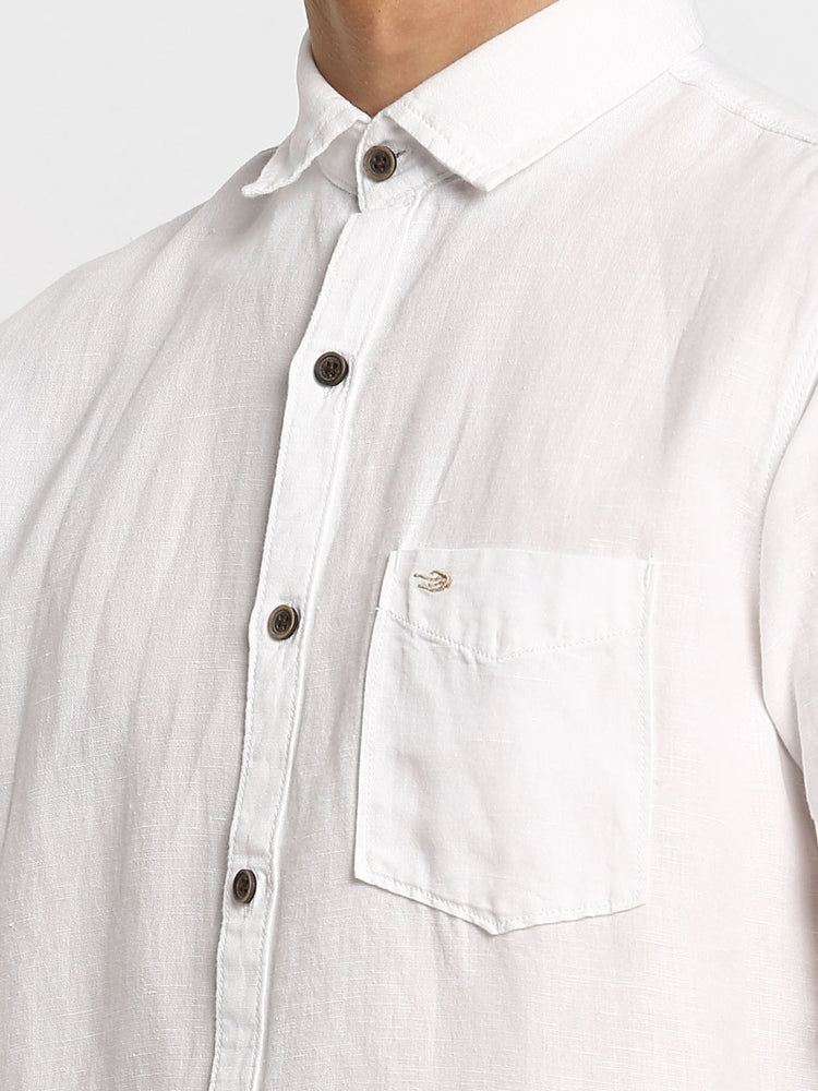 White Solid Linen Casual Shirt
