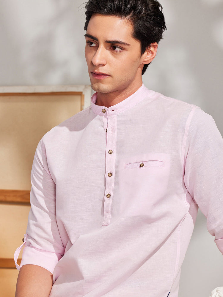 Pink Solid Linen Kurta