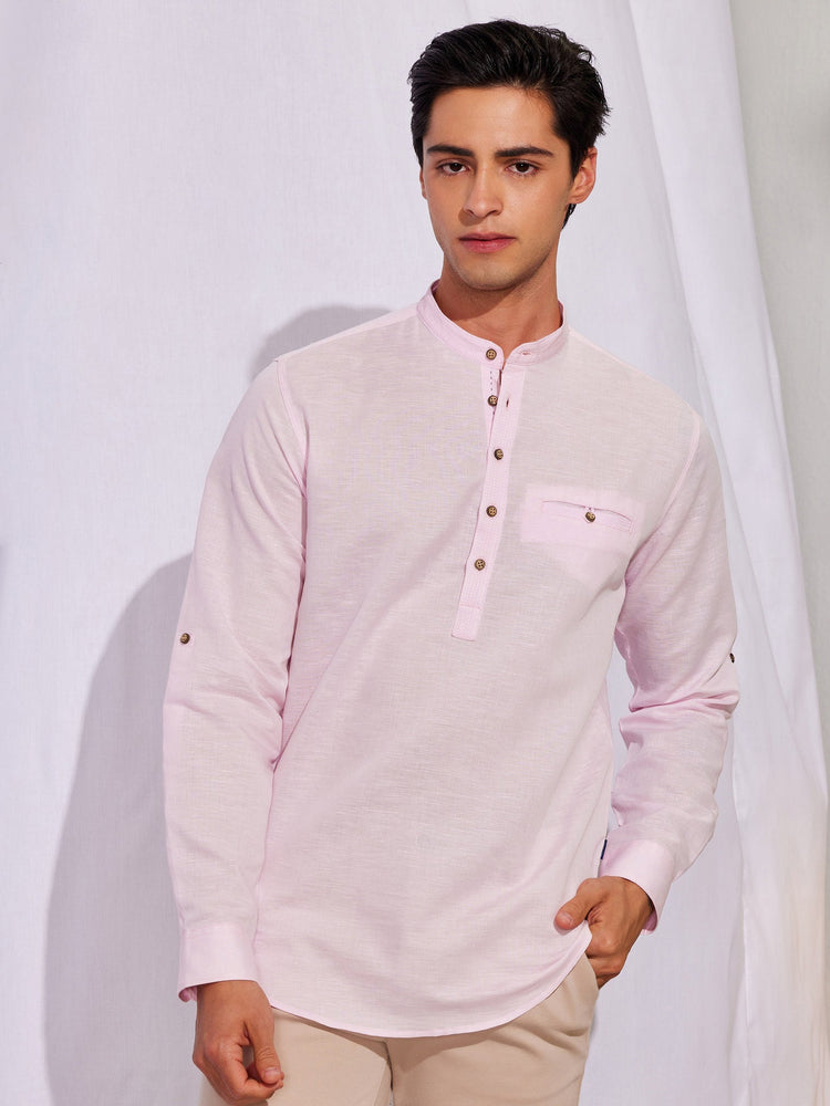 Pink Solid Linen Kurta