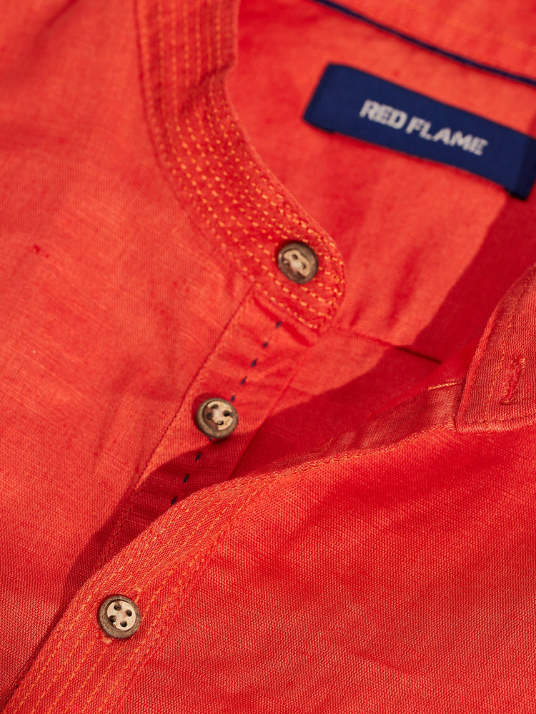 Orange Solid Linen Kurta