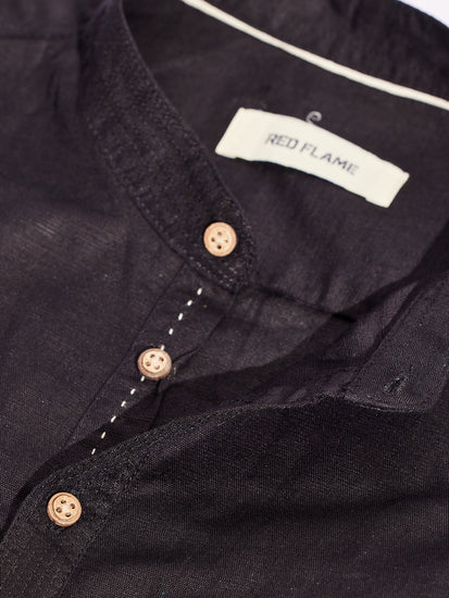 Black Linen Solid Casual Kurta