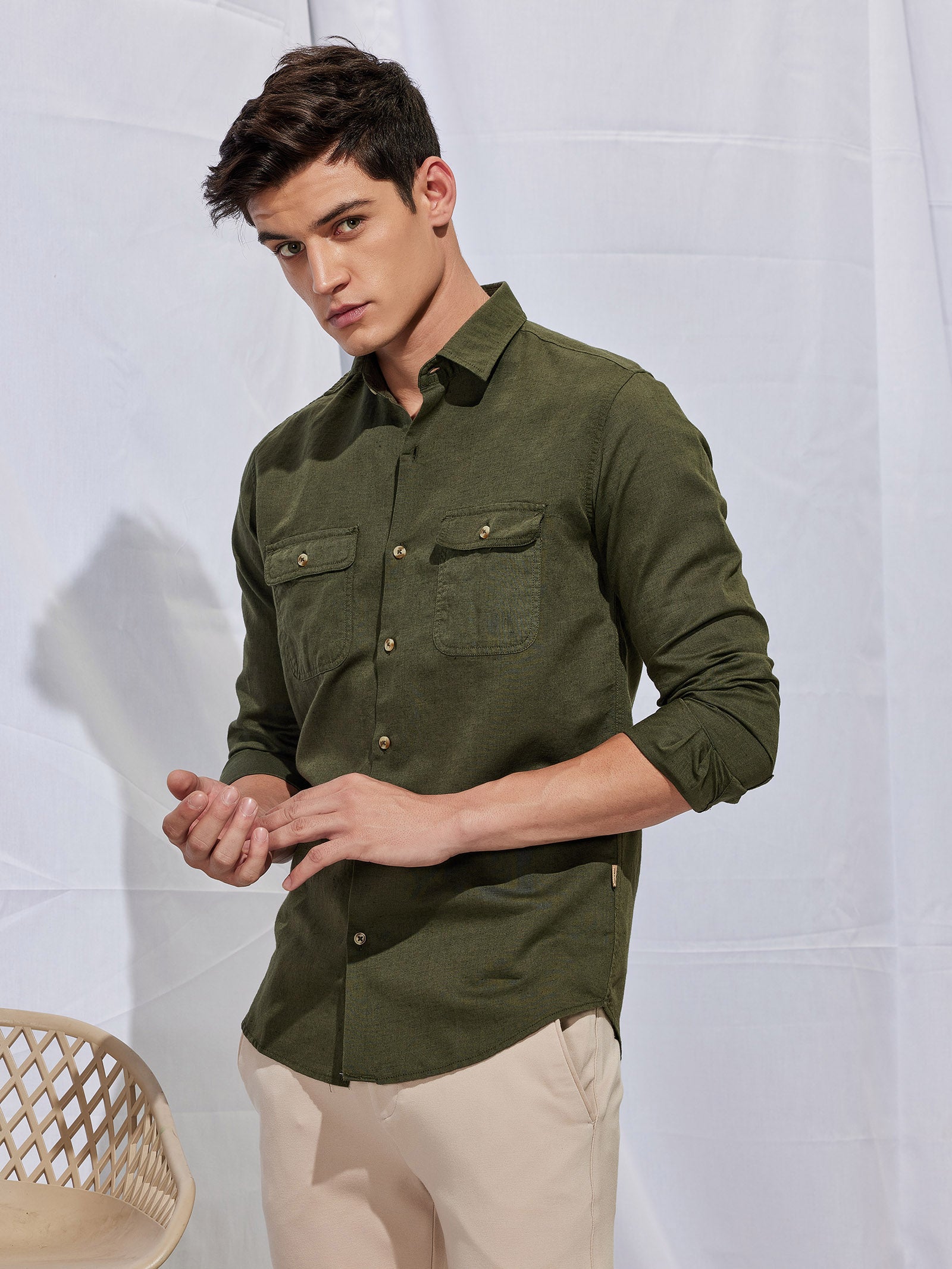 Olive Linen Cargo Shirt