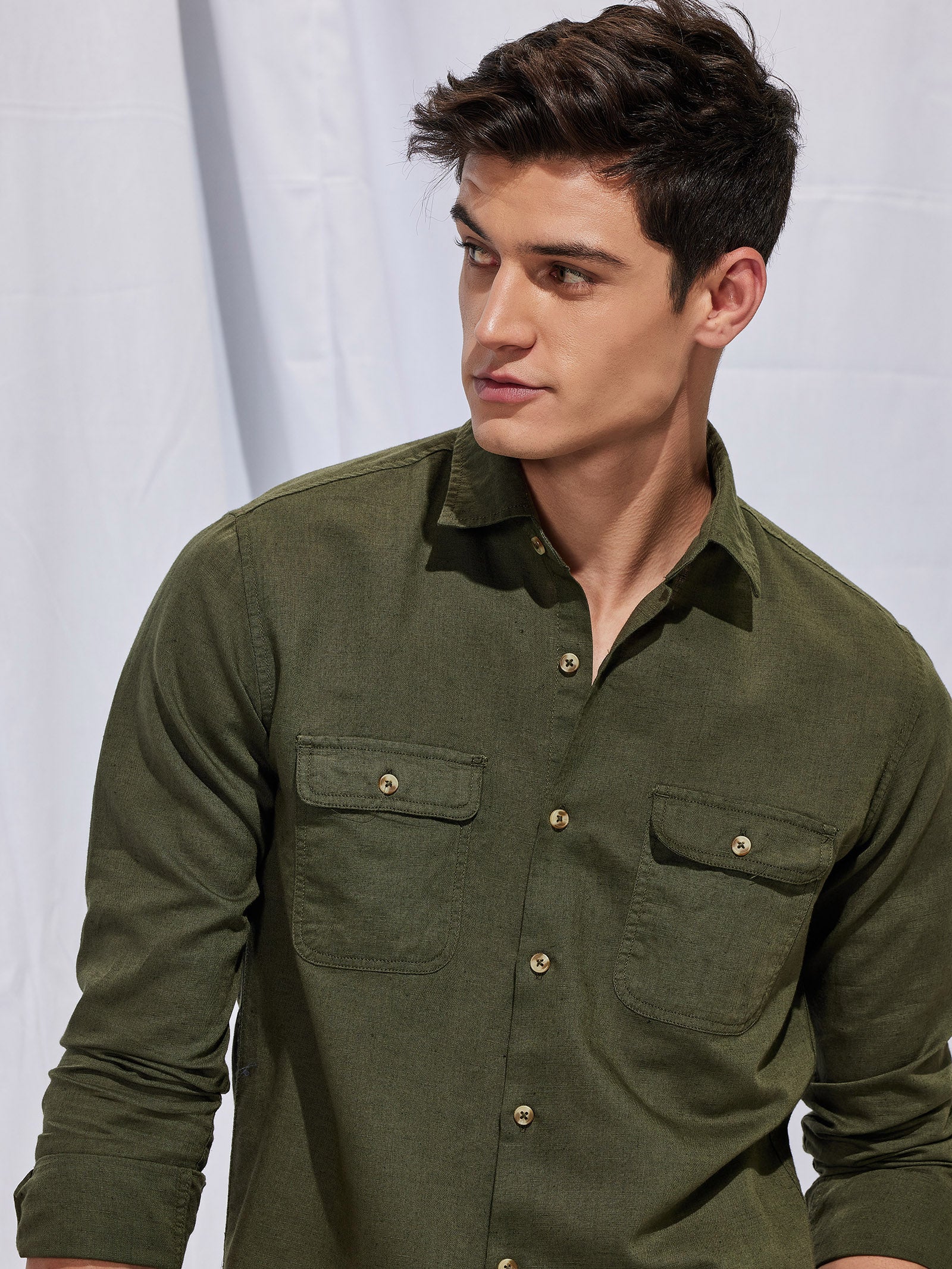 Olive Linen Cargo Shirt