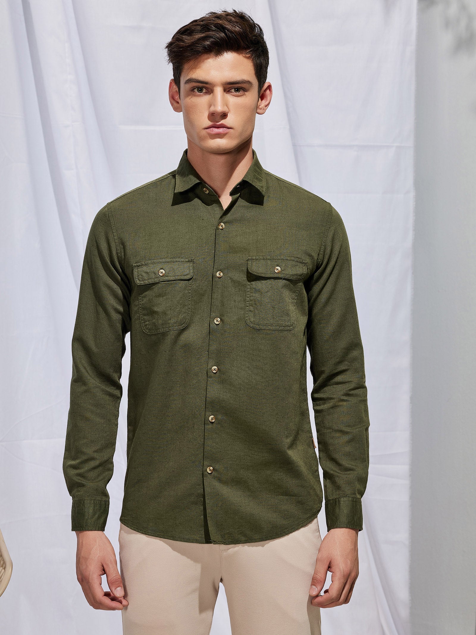 Olive Linen Cargo Shirt