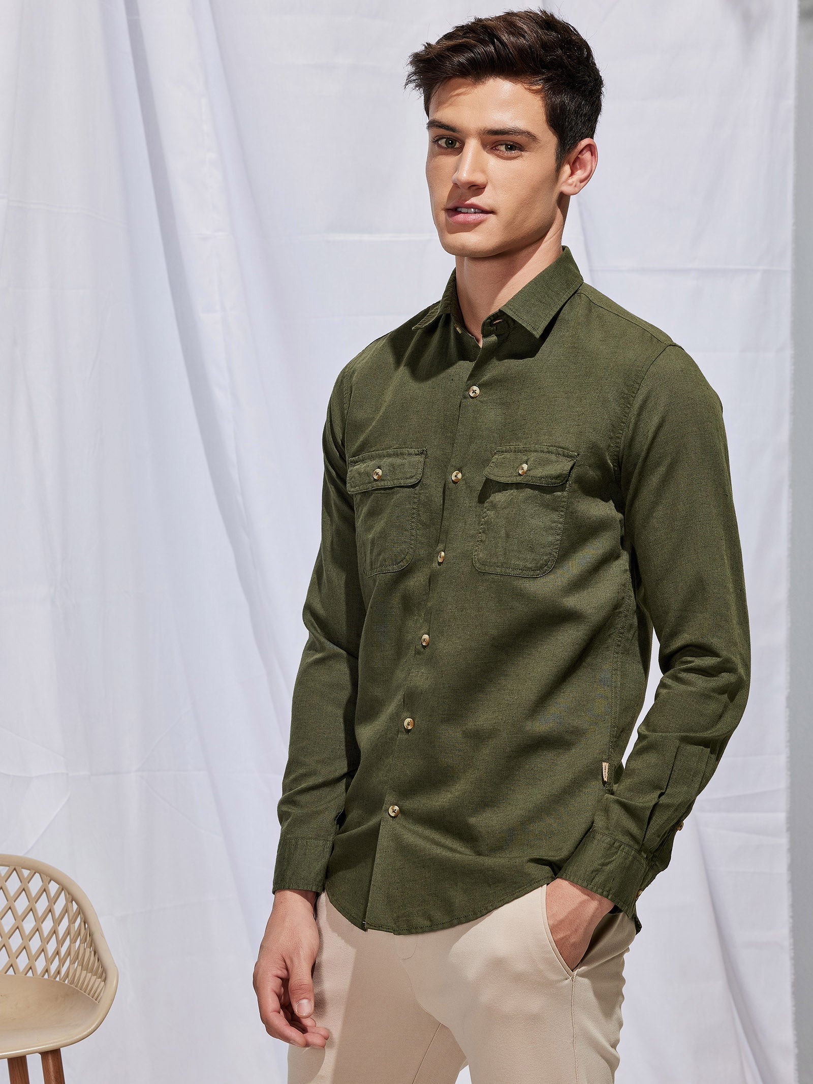 Olive Linen Cargo Shirt