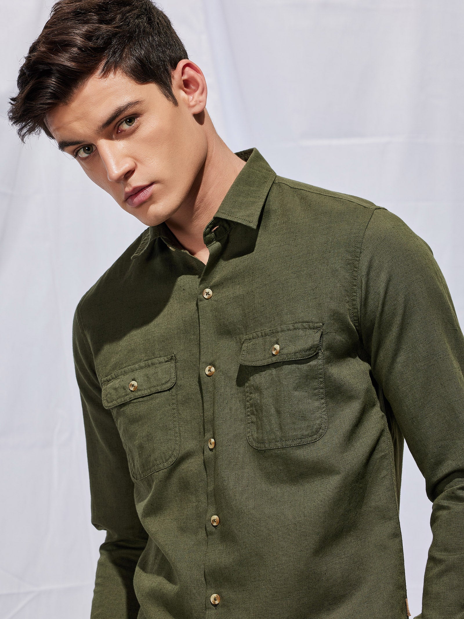 Olive Linen Cargo Shirt