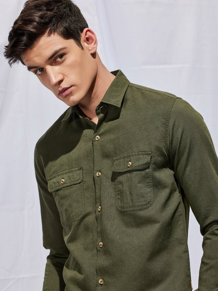 Olive Linen Cargo Shirt