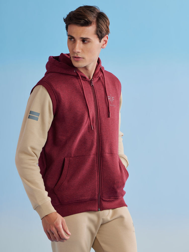 Red Fleece Sleeve Less Hooded Sweatshirt