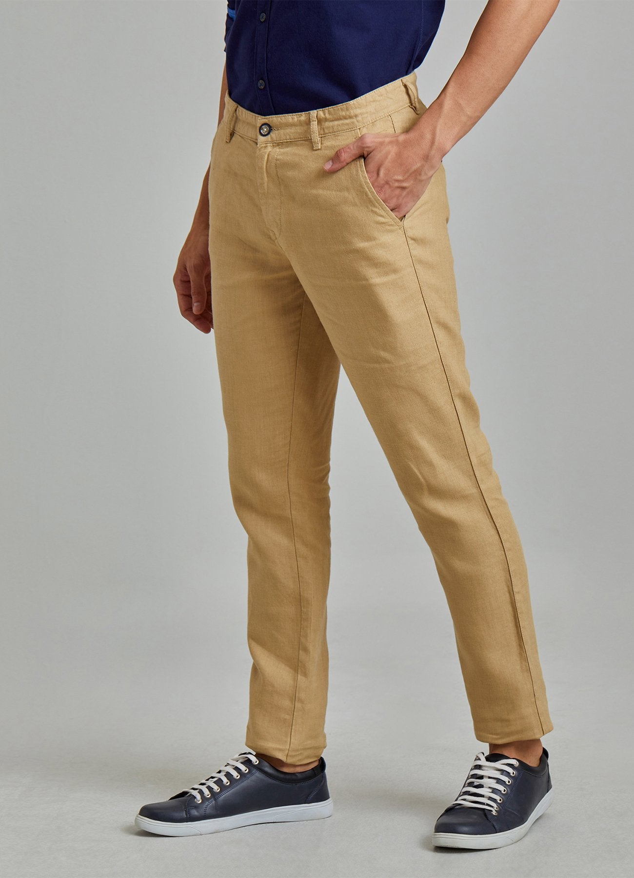 Khakhi Solid Linens Slim Fit Trouser