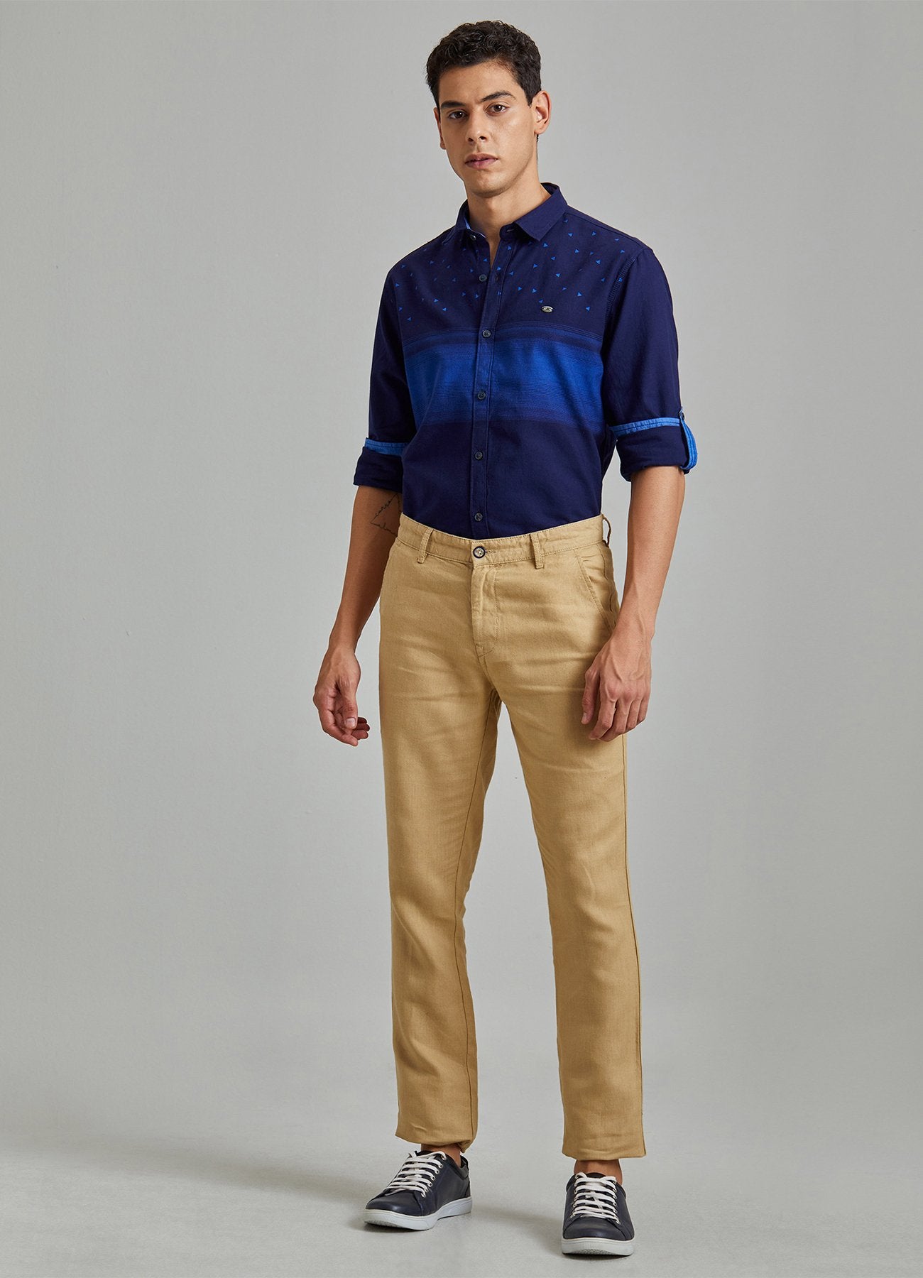 Khakhi Solid Linens Slim Fit Trouser