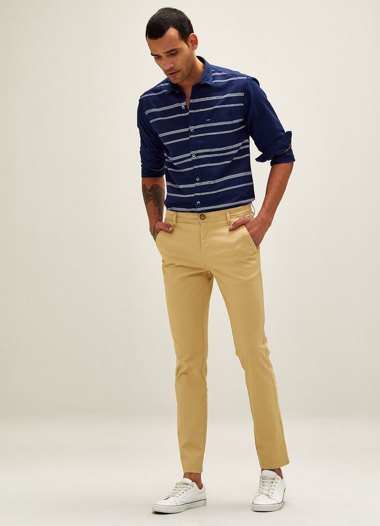 Cream Solid Stretch Slim Fit Trouser