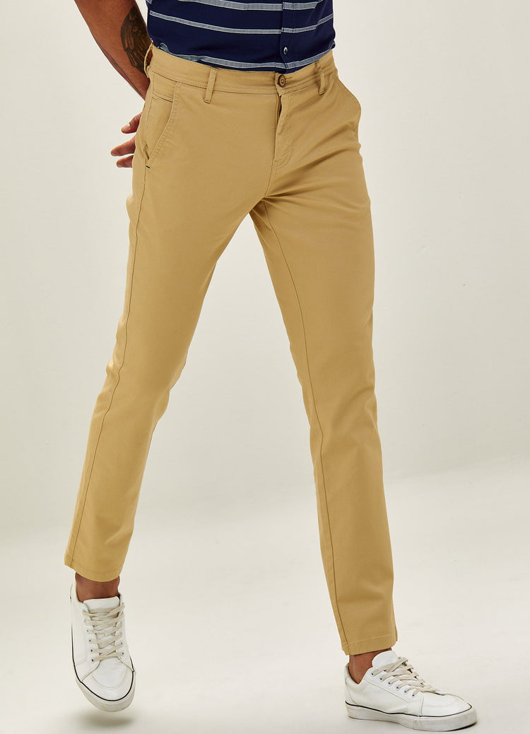 Cream Solid Stretch Slim Fit Trouser