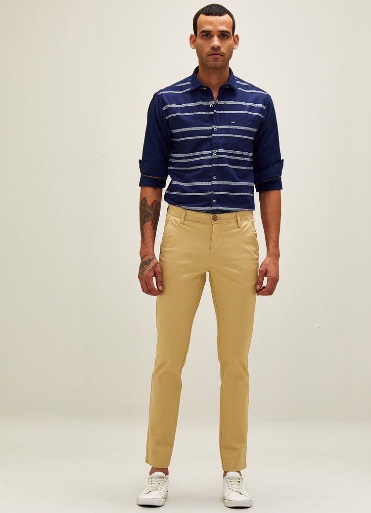 Cream Solid Stretch Slim Fit Trouser