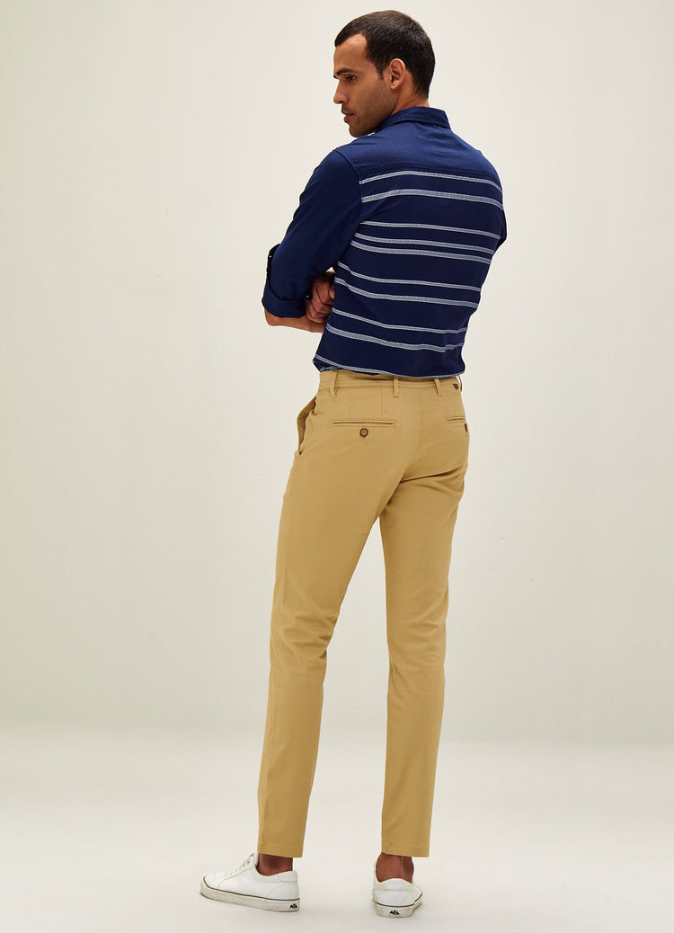 Cream Solid Stretch Slim Fit Trouser