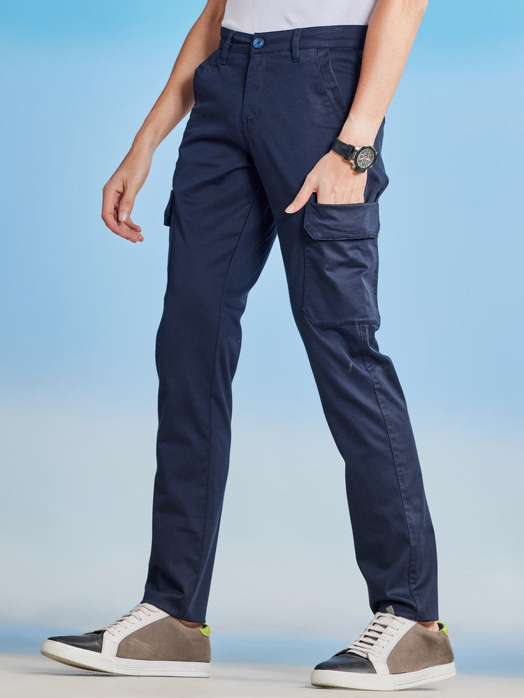 Navy Satin Stretch Cargo Trouser