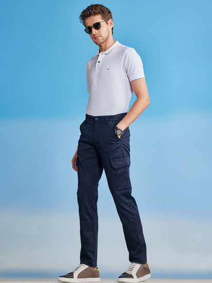 Navy Satin Stretch Cargo Trouser