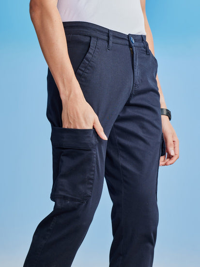Navy Satin Stretch Cargo Trouser