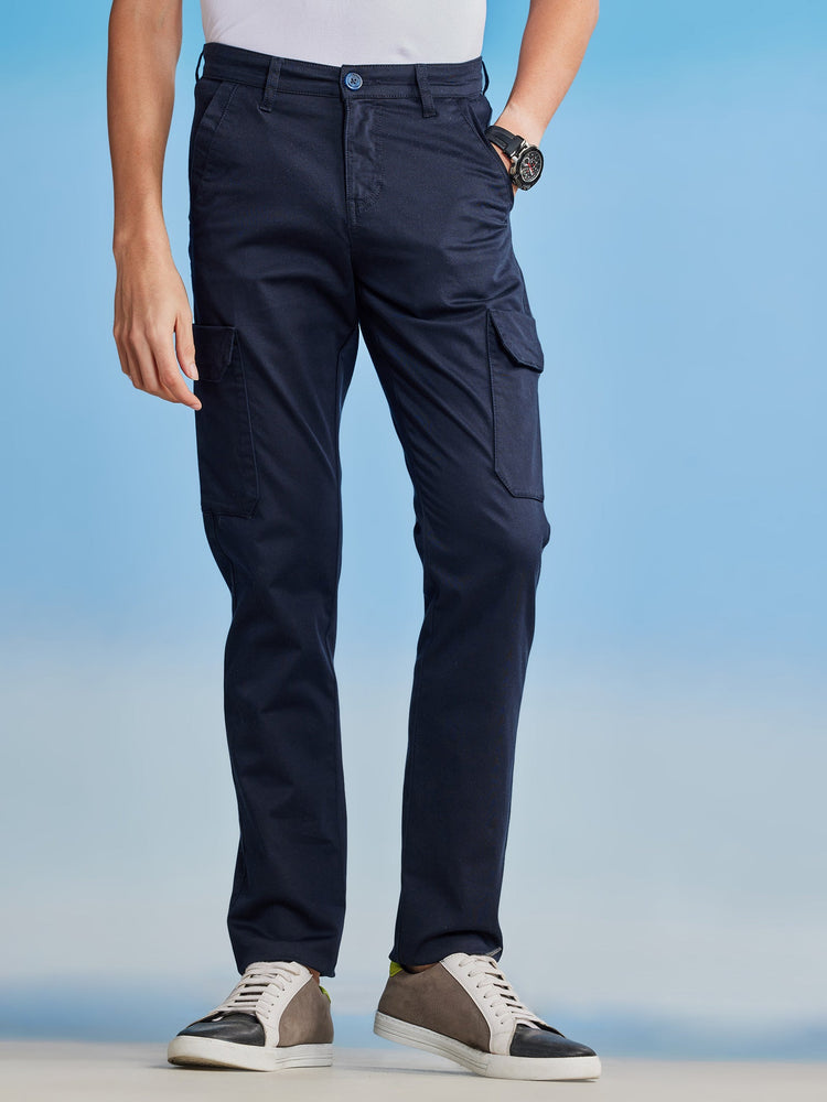 Navy Satin Stretch Cargo Trouser