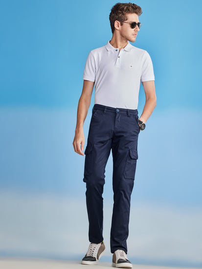 Navy Satin Stretch Cargo Trouser