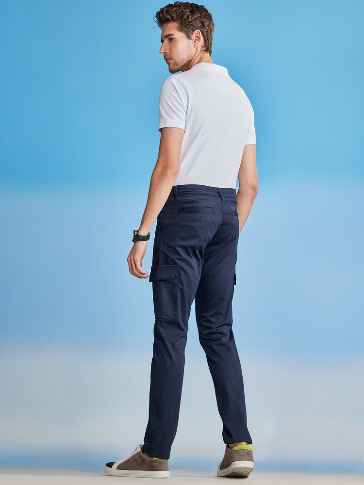 Navy Satin Stretch Cargo Trouser
