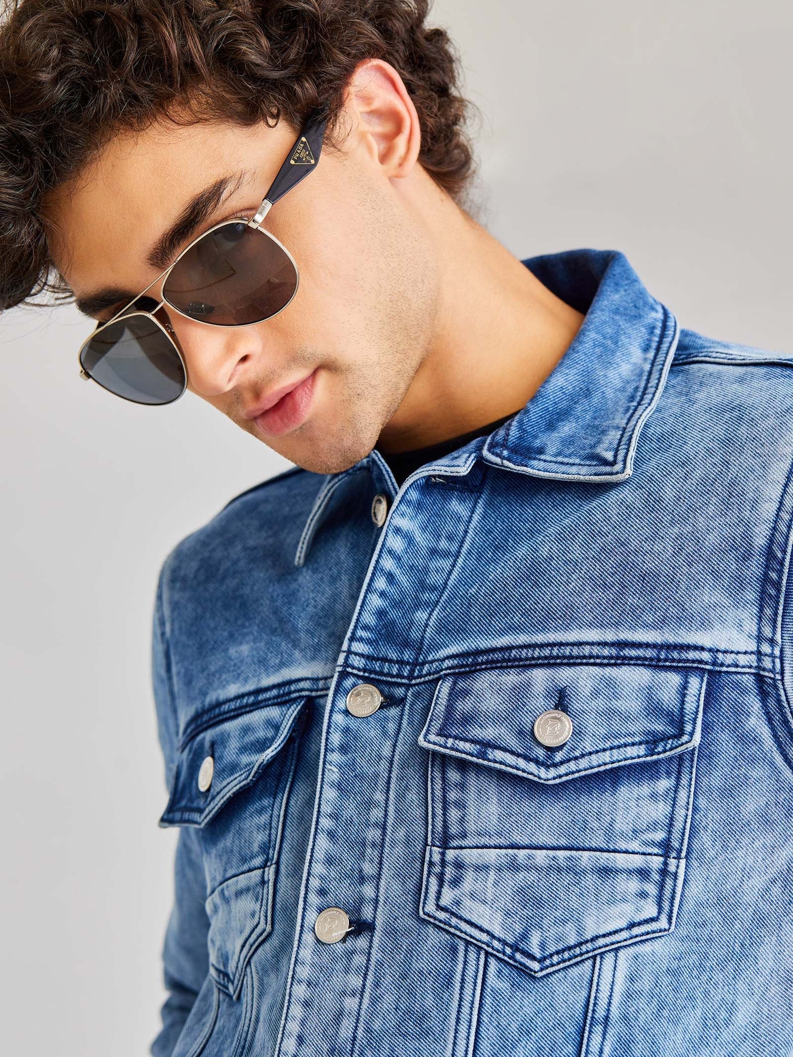 Light Blue Solid Denim Jacket
