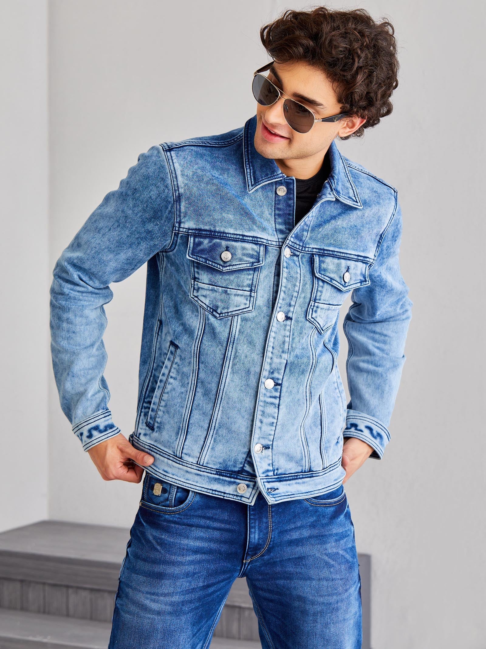 Light Blue Solid Denim Jacket