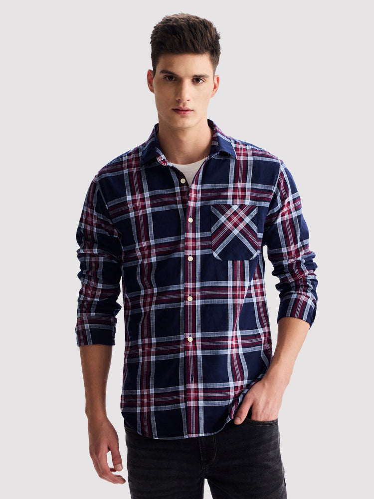 Navy Pure Cotton Checked Shirt