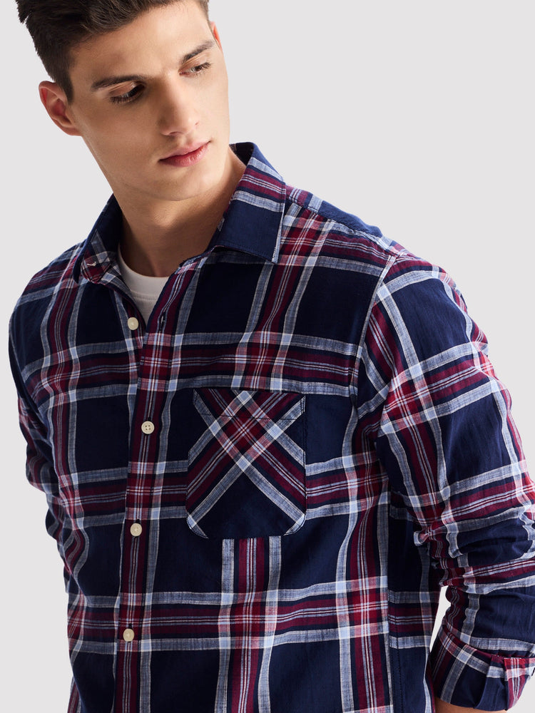 Navy Pure Cotton Checked Shirt