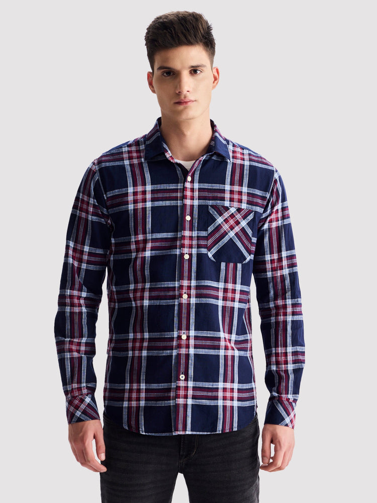 Navy Pure Cotton Checked Shirt