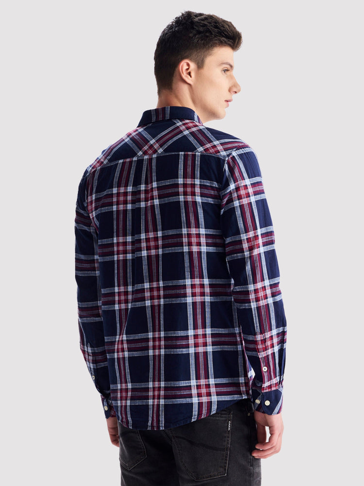 Navy Pure Cotton Checked Shirt
